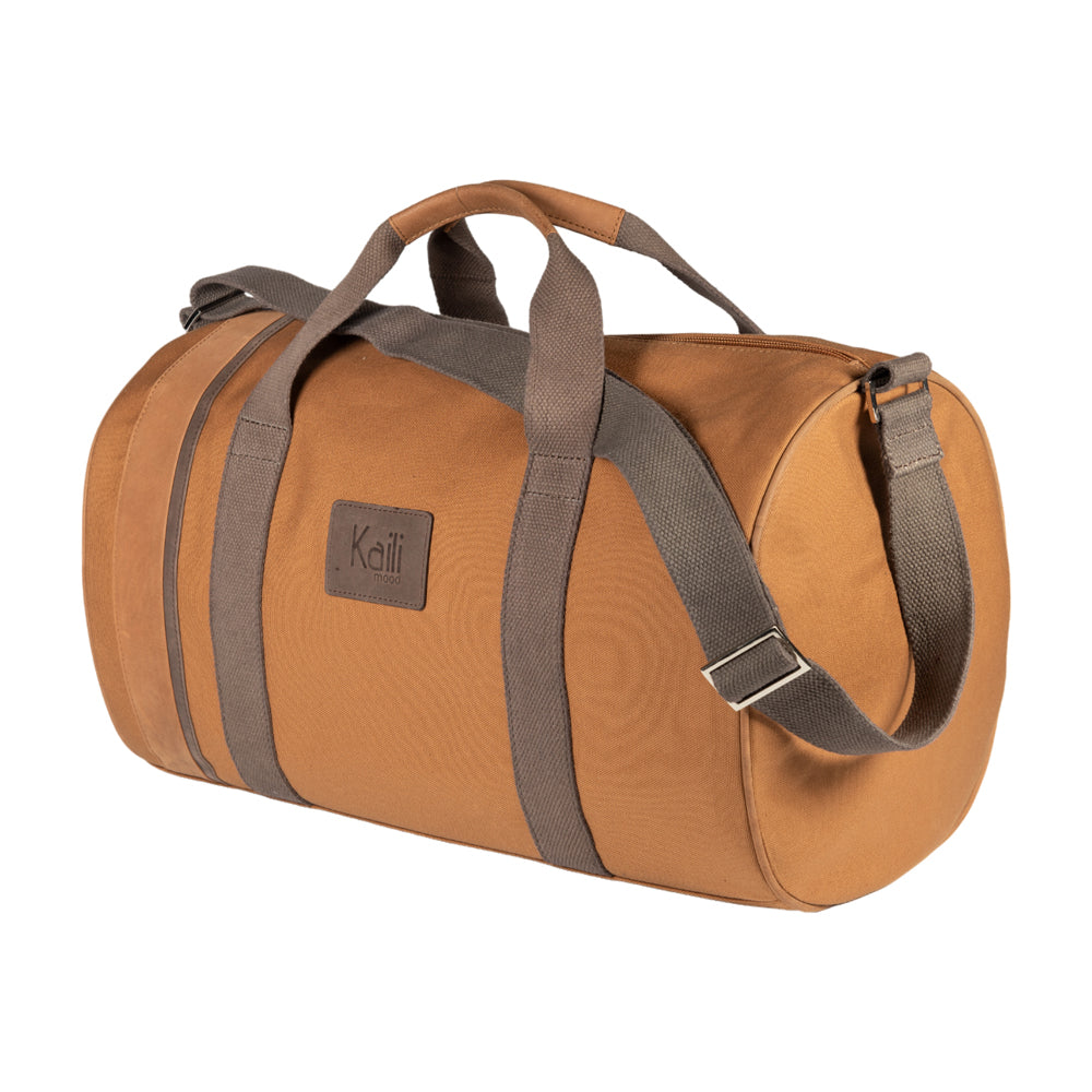 K2006UB | Travel Duffel Bag in 100% Cotton Canvas / Genuine Full-Grain Naked Leather - Tan Color, Zip Closure. Dimensions: 45 x 25 x 28 cm - Packaging: Non-woven Bag
