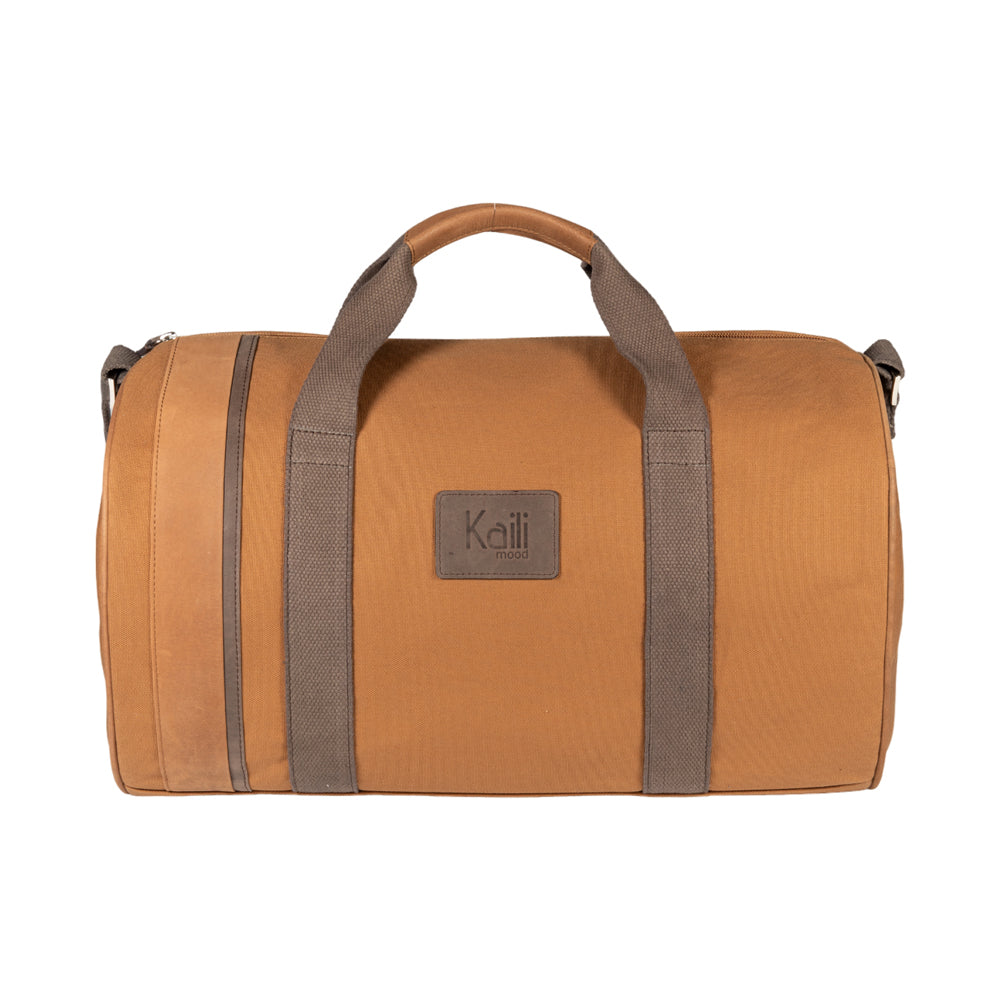 K2006UB | Travel Duffel Bag in 100% Cotton Canvas / Genuine Full-Grain Naked Leather - Tan Color, Zip Closure. Dimensions: 45 x 25 x 28 cm - Packaging: Non-woven Bag