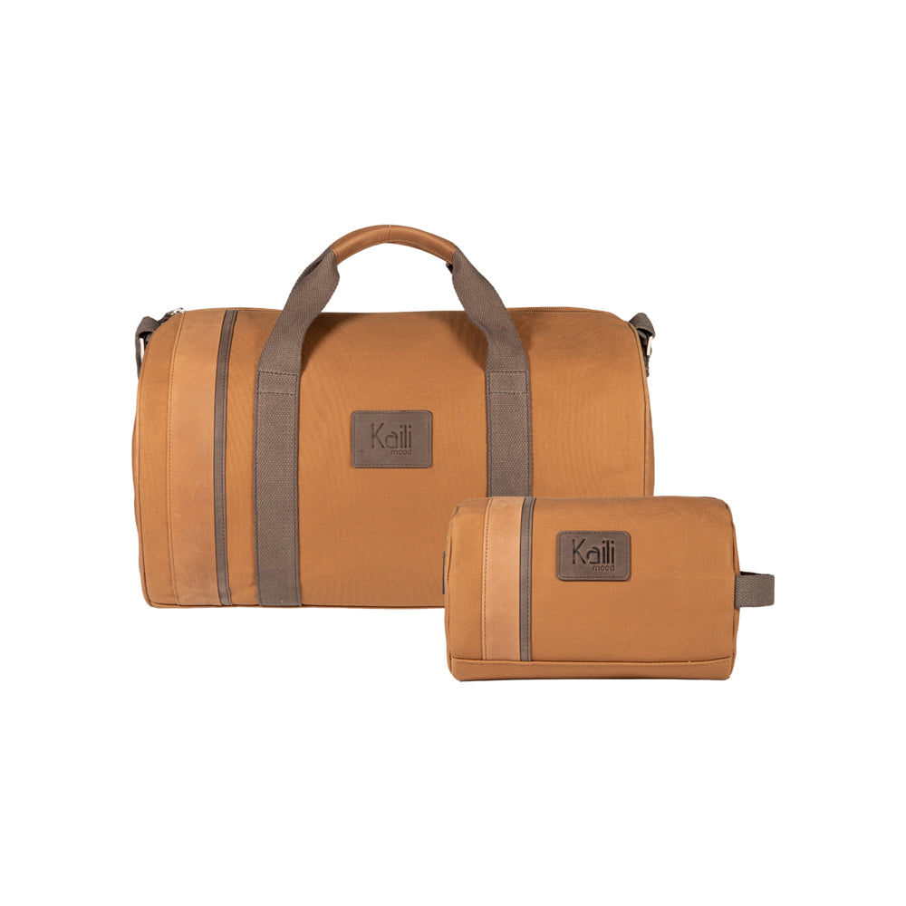 K2006UB | Travel Duffel Bag in 100% Cotton Canvas / Genuine Full-Grain Naked Leather - Tan Color, Zip Closure. Dimensions: 45 x 25 x 28 cm - Packaging: Non-woven Bag