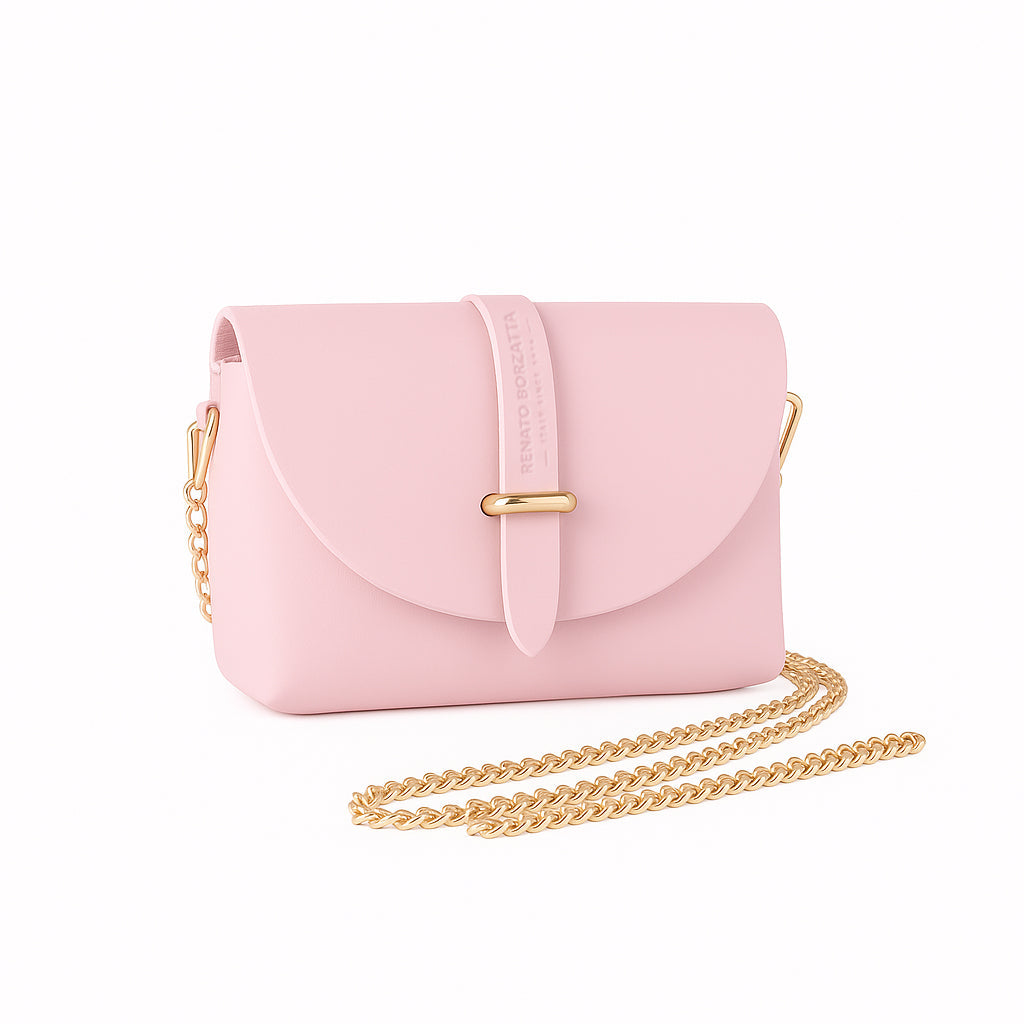 RB1001BJ | Borsa Piccola in Vera Pelle Made in Italy con Tracollina removibile e passante di chiusura in metallo Oro Lucido - Colore Rosa - Dimensioni: cm 16,5 x 11 x 8