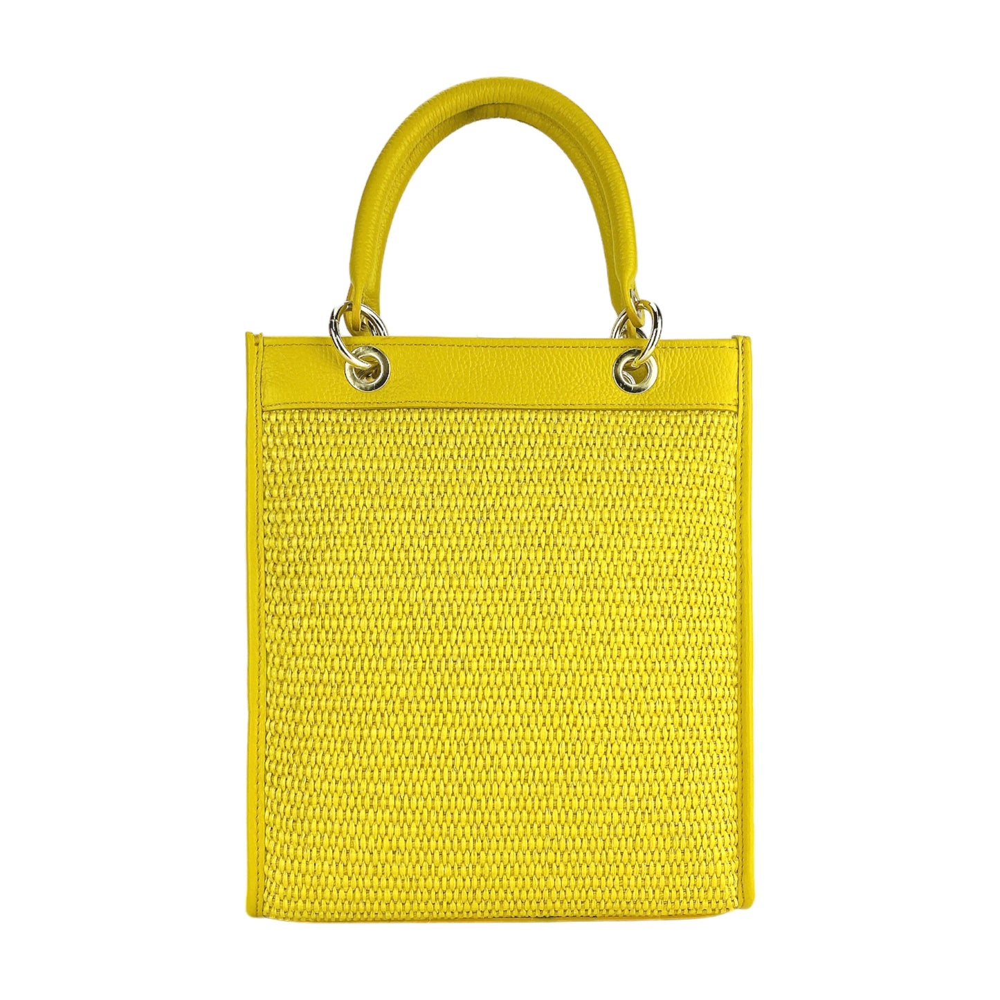 RB1026R | Borsa Donna a mano verticale in Vera Pelle e Paglia Made in Italy. Tracolla removibile e regolabile in pelle. Accessori Oro Lucido - Colore Giallo - Dimensioni: cm 24 x 29 x 9