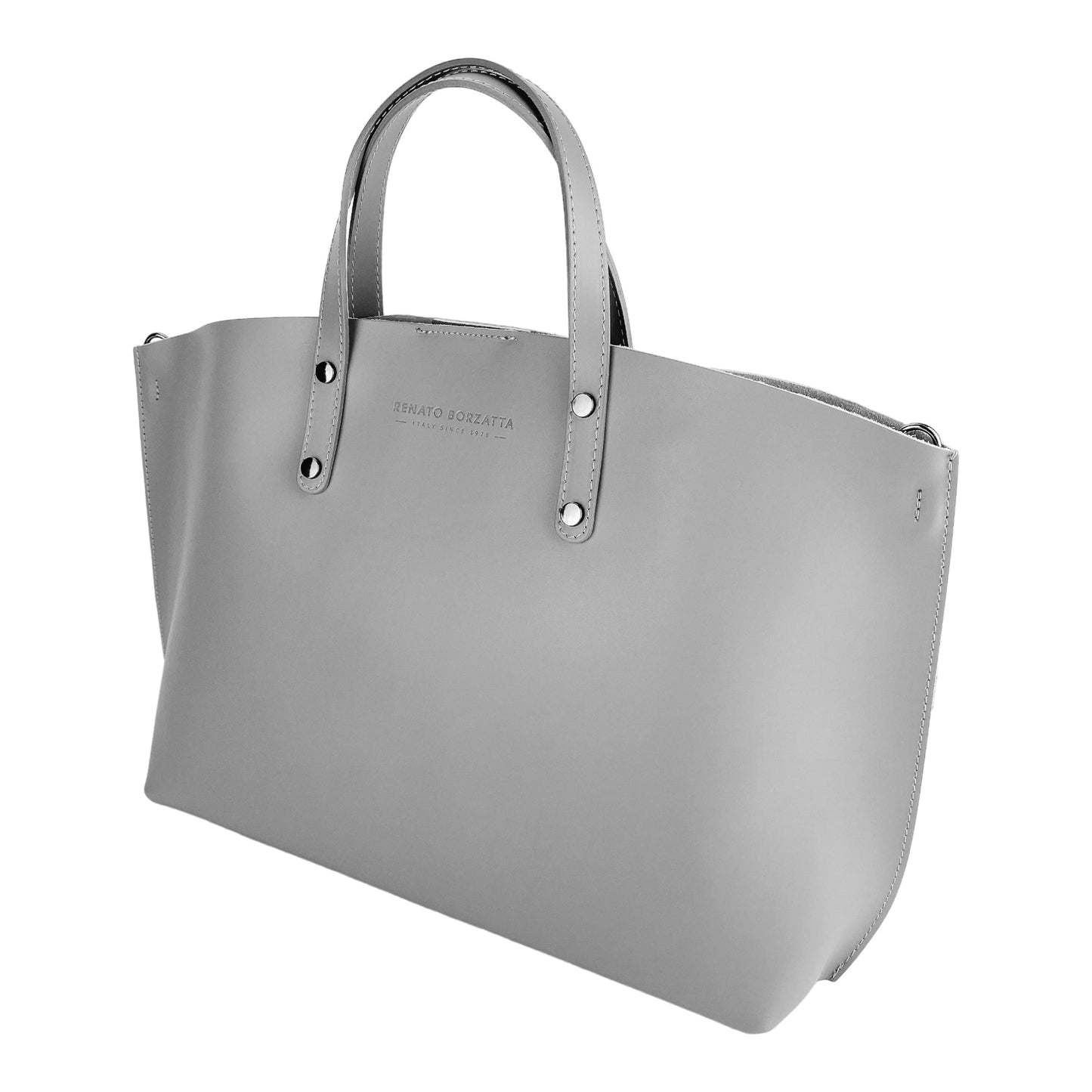 RB1024F  | Borsa Donna a Mano in Vera Pelle Made in Italy con tracolla removibile. Sacca grande interna estraibile. Accessori Canna di Fucile Lucido - Colore Grigio - Dimensioni: cm 48x31x11